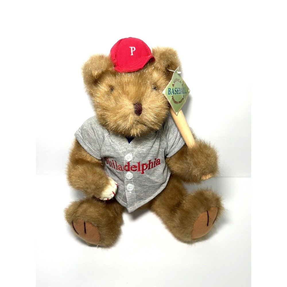 Phillies Old World Baseball Bear Collectible Brown Plush Bear Bat and Glove HTF